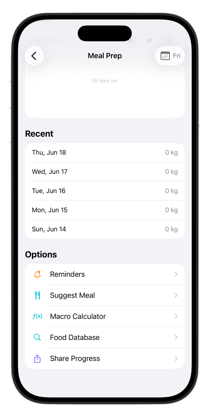 HobbyIt meal prep screen with recent entries and food tools